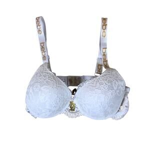 Bebe Bra Women’s Size 36B White Gold Push Up Lace Underwire Monogram Charm